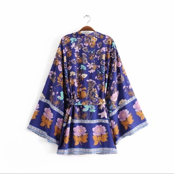 Boho Floral Print Short Kimono Belted Cover up - Picture 14 of 14